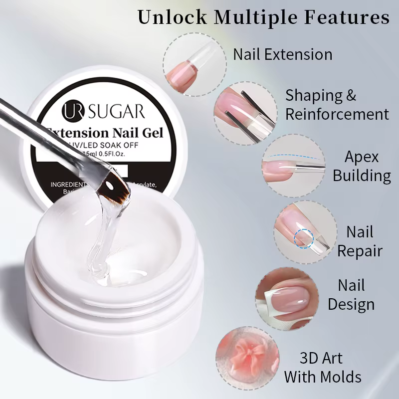 UR SUGAR 6 EN 1 Gel d'Extension pour Ongles 15ML Transparent Gel Constructeur Rapide Semi-Permanent Auto-nivelant Gel UV de Construction Soak Off