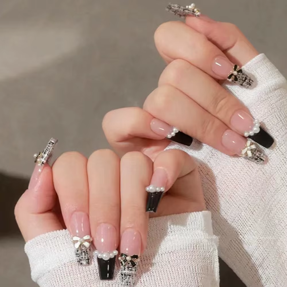 24 pièces noir français presse sur ongles blanc arc perle conception faux