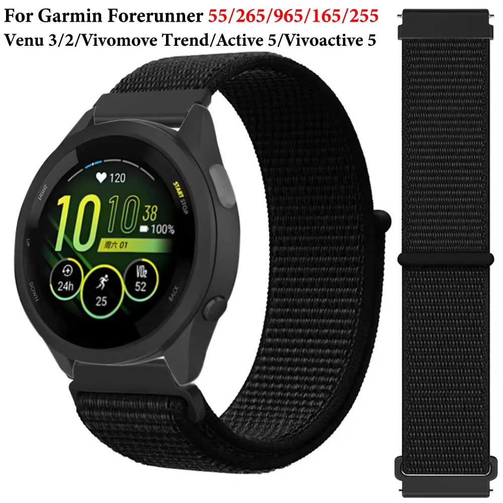 Sangle à boucle en nylon pour Garmin Forerunner 55, 165, 265, 965, 255, Active 5, VivomGruTrend, Vivoactive 5, Venu 3/2, Bracelet Ceinture, 20mm, 22mm