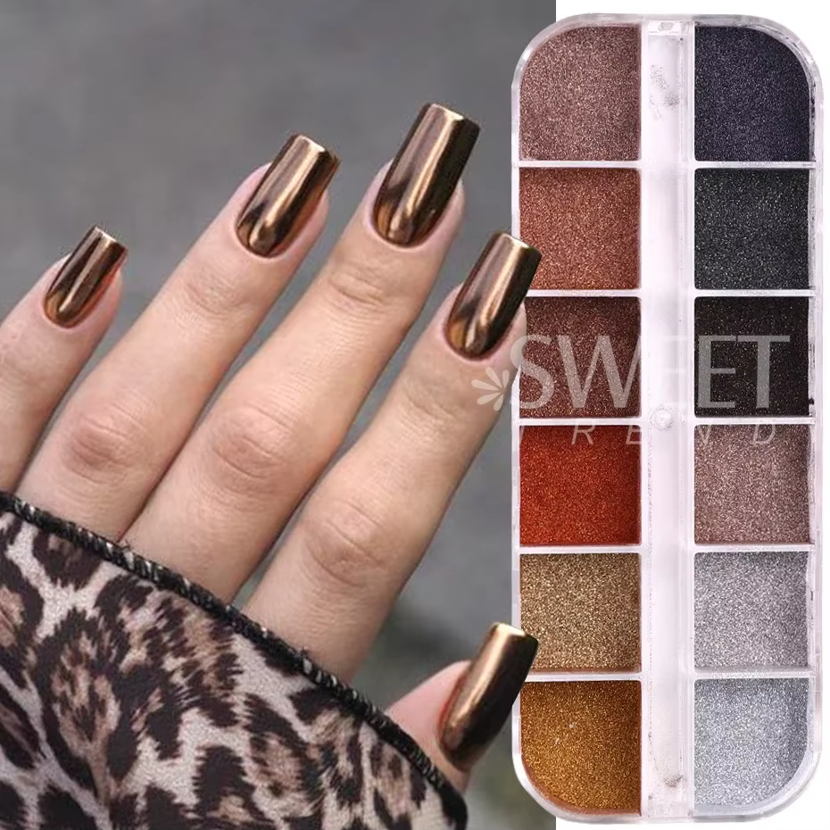 12 grilles automne hiver couleur foncé ongles paillettes Pigment miroir magique marron argent or frotter poudre Gel vernis poussière manucure décor