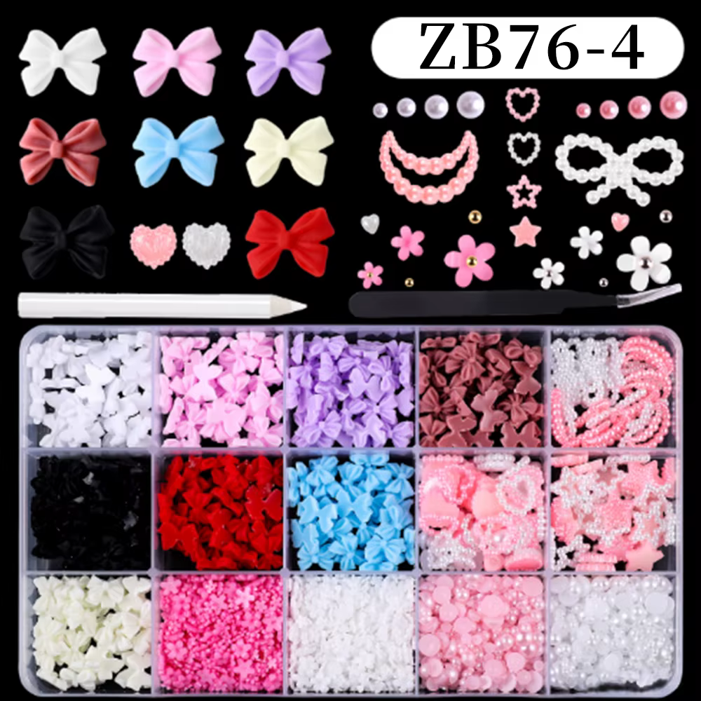 1 boîte mixte blanc perle arc Nail Art breloques doux nacré nœud papillon coeur ongles strass manucure coloré résine accessoires