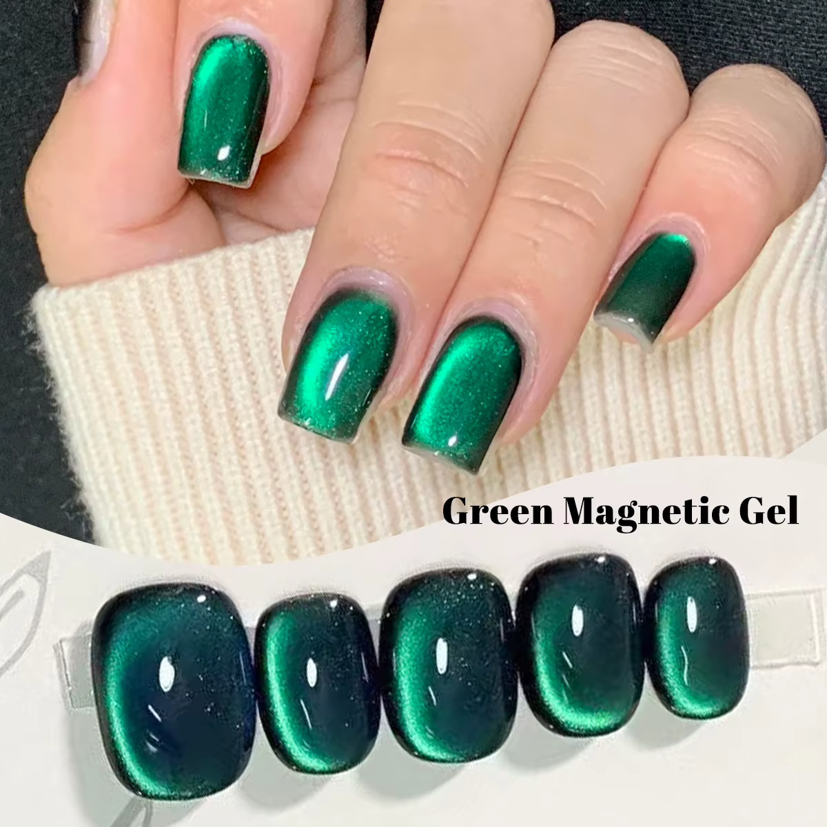 Vernis à ongles Gel magnétique chat à paillettes vertes