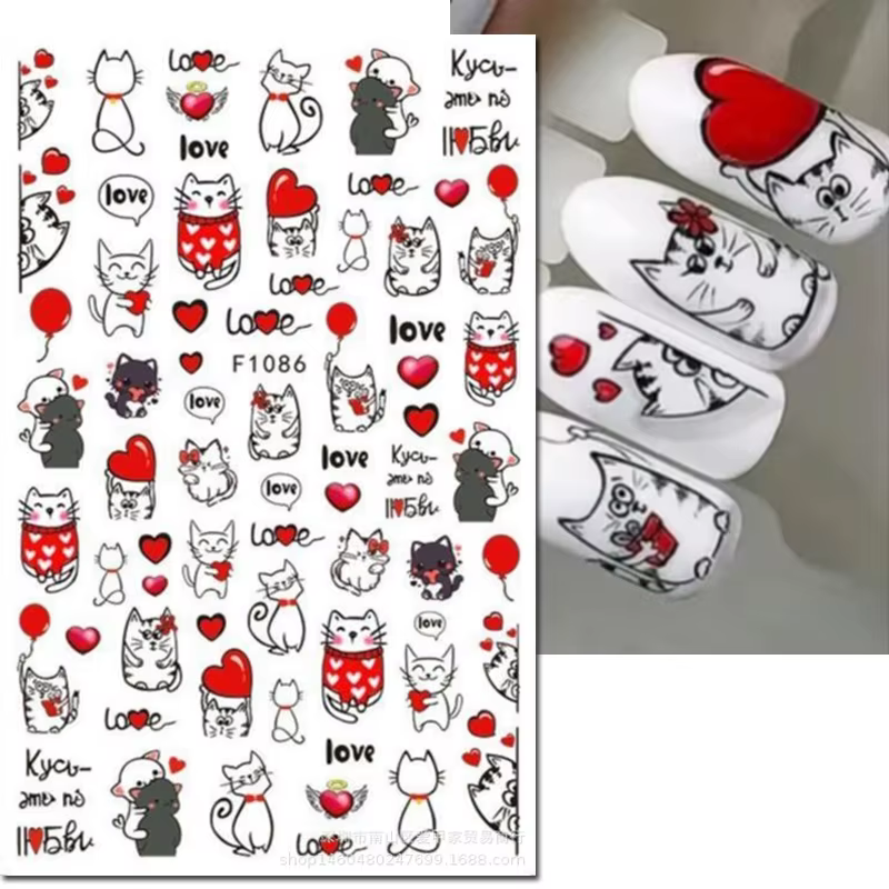 3d Nail Art décalcomanies saint valentin coeurs rouges ballons chats mignons amour lettres autocollants pour ongles Art manucure conseils décorations