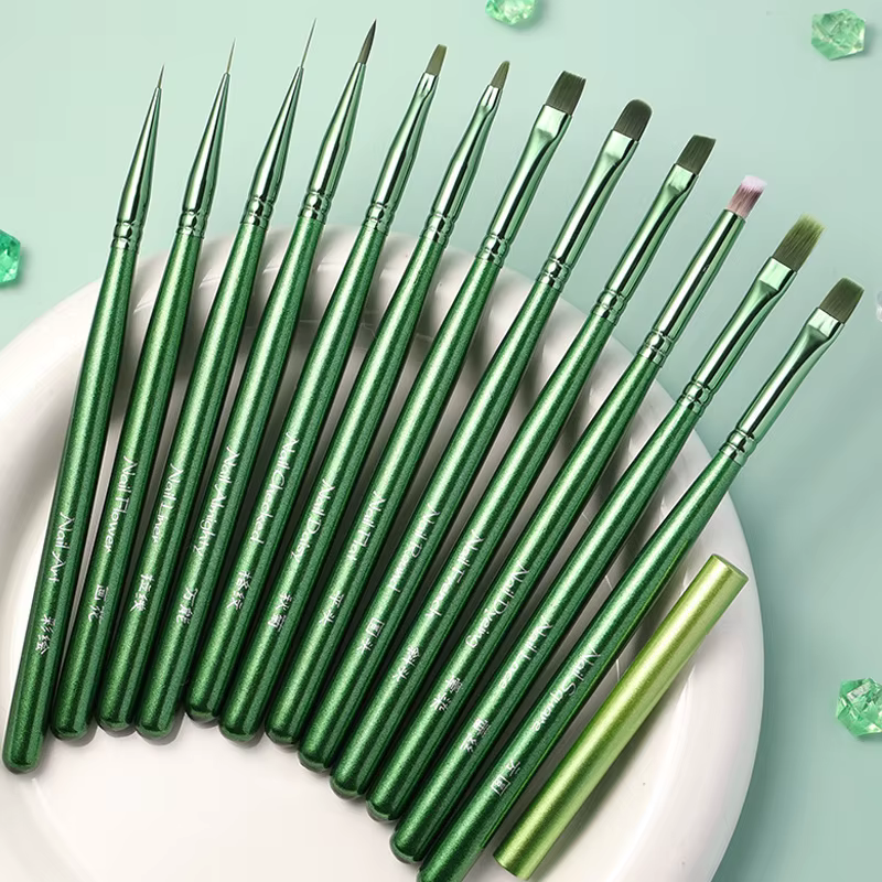 Nouveau Pinceau Vert pour Nail Art avec Manche en Bois Peint