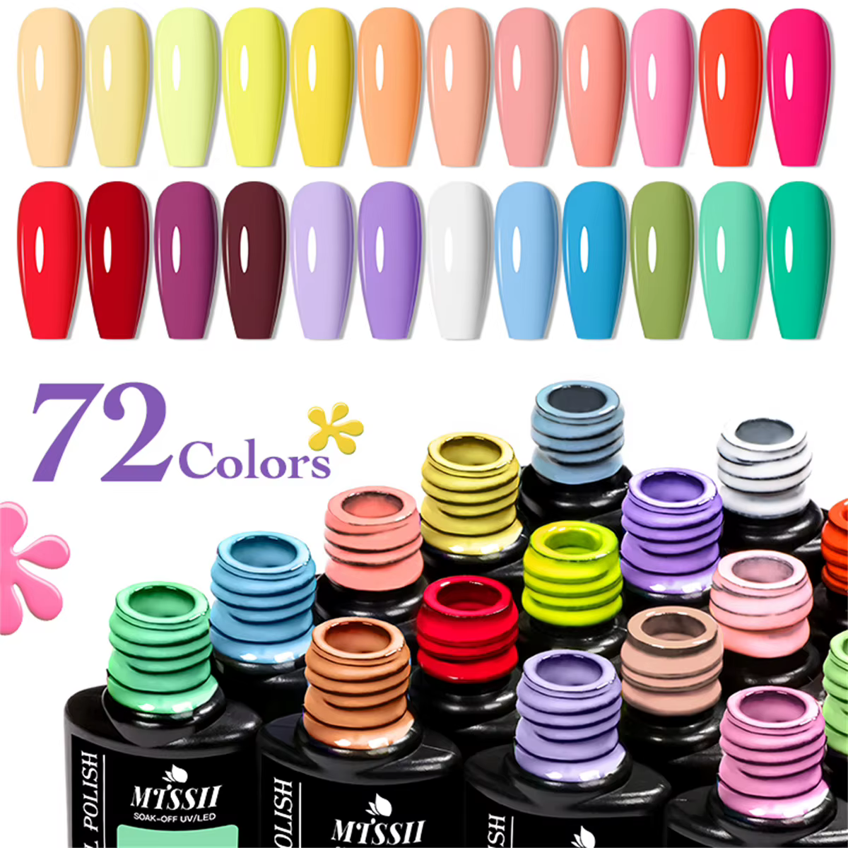 Lot de 6 vernis à ongles gel couleur unie 7ml – Collection Printemps-Été – Paillettes Noir Blanc Rouge – Semi-permanent UV Soak Off