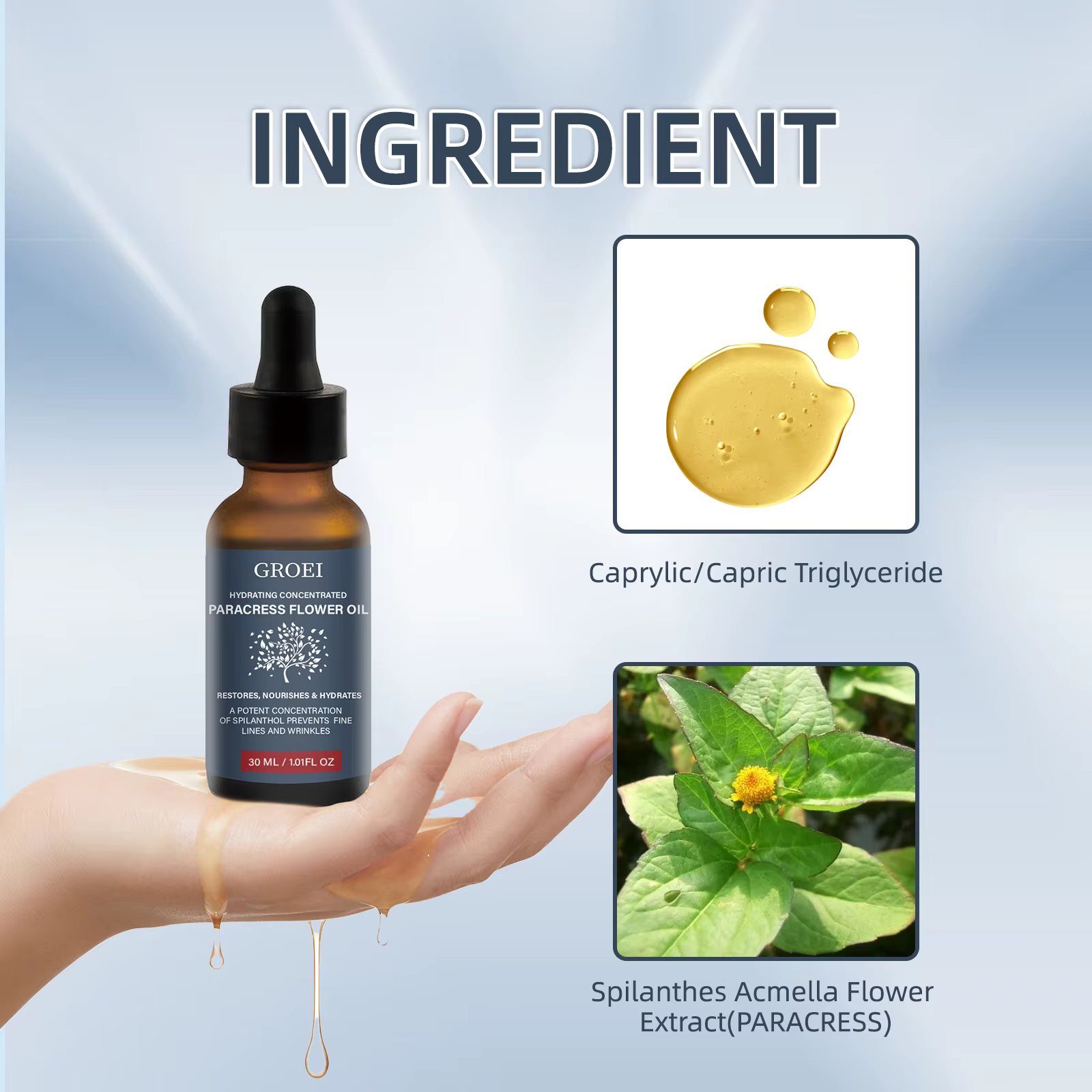 GROEI huile de fleur de paracress hydratante 30ml huile pour le visage Anti-âge réduire les ridules et les rides stimule le collagène sérum raffermissant naturel