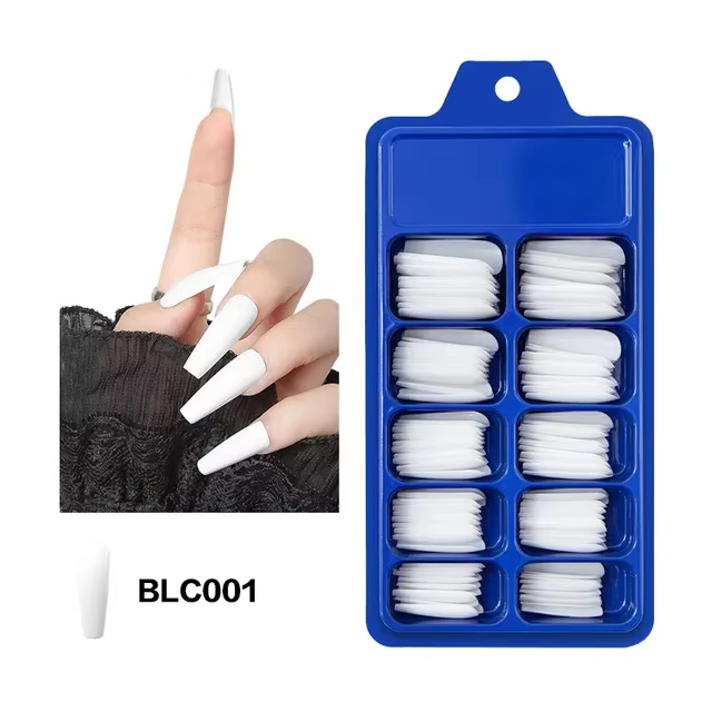 100 pièces faux ongles portable couverture complète couleur unie pointu longue ballerine bleu rose