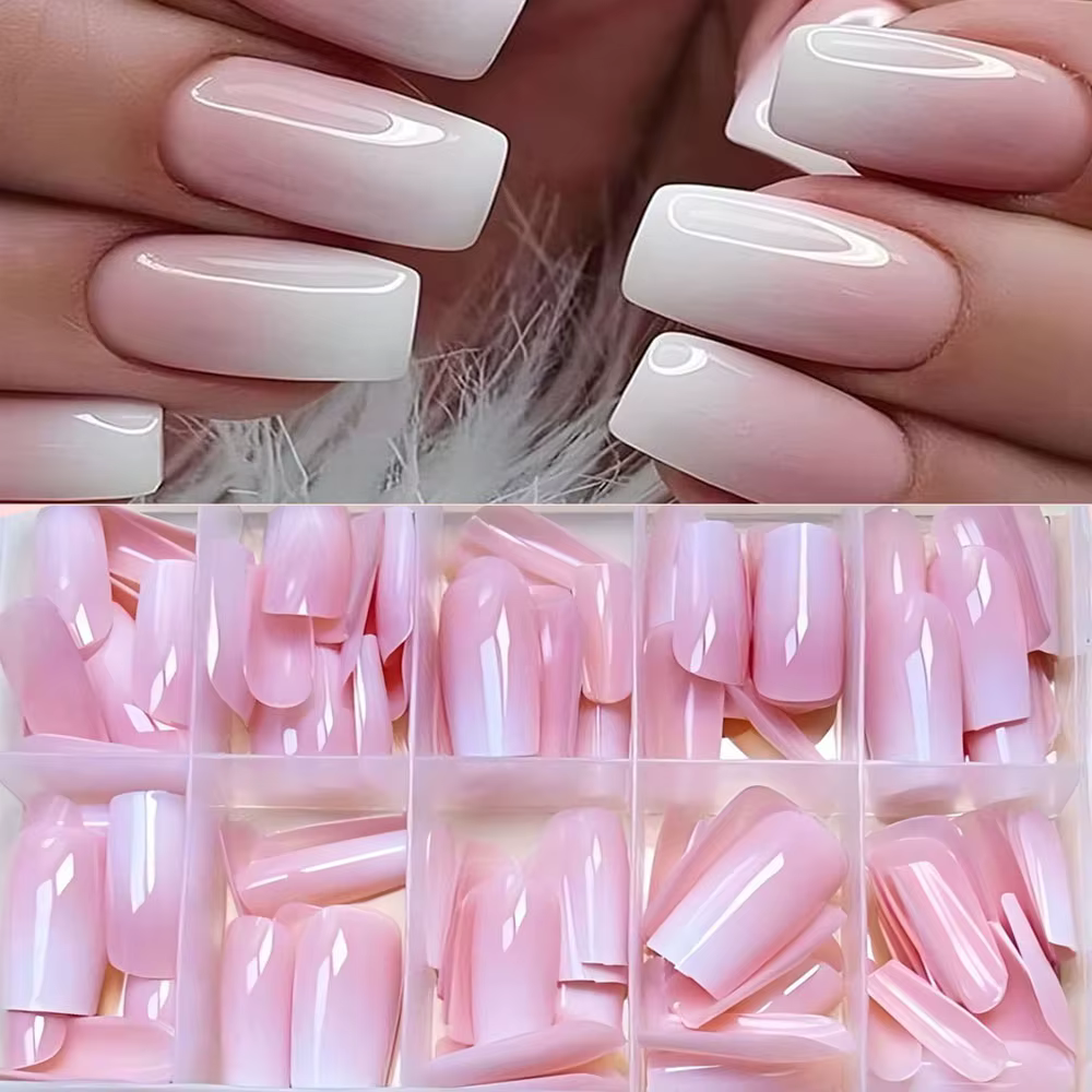 Faux ongles à pression ombrés rose à blanc pour femmes