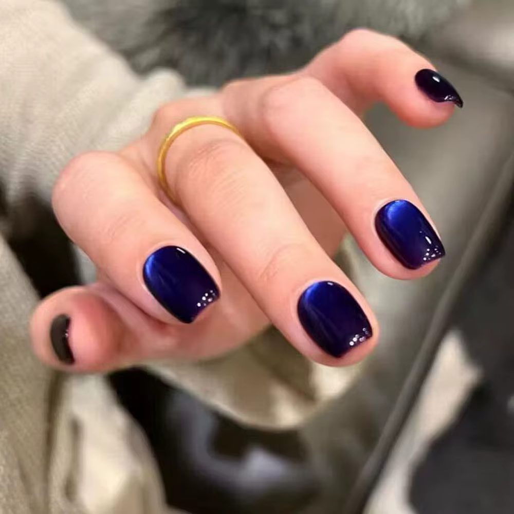 30 pièces oeil de chat bleu portable presse sur ongles court carré couverture complète faux