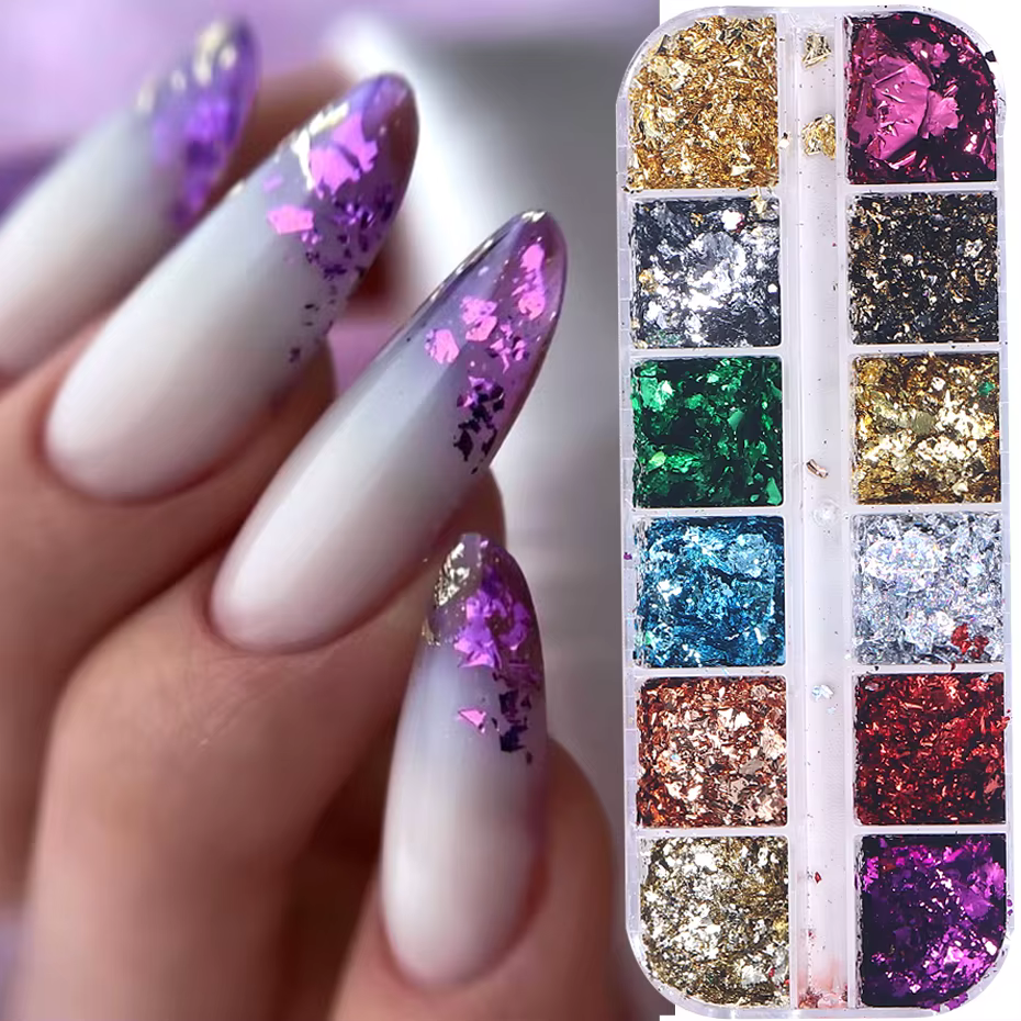 12 grilles feuilles d'or ongles paillettes aléatoires holographiques aluminium feuille d'ongle flocons autocollants