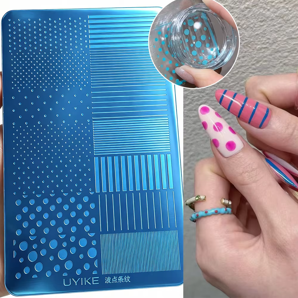 Plaque de tamponnage pour ongles à pois et lignes rayées 14