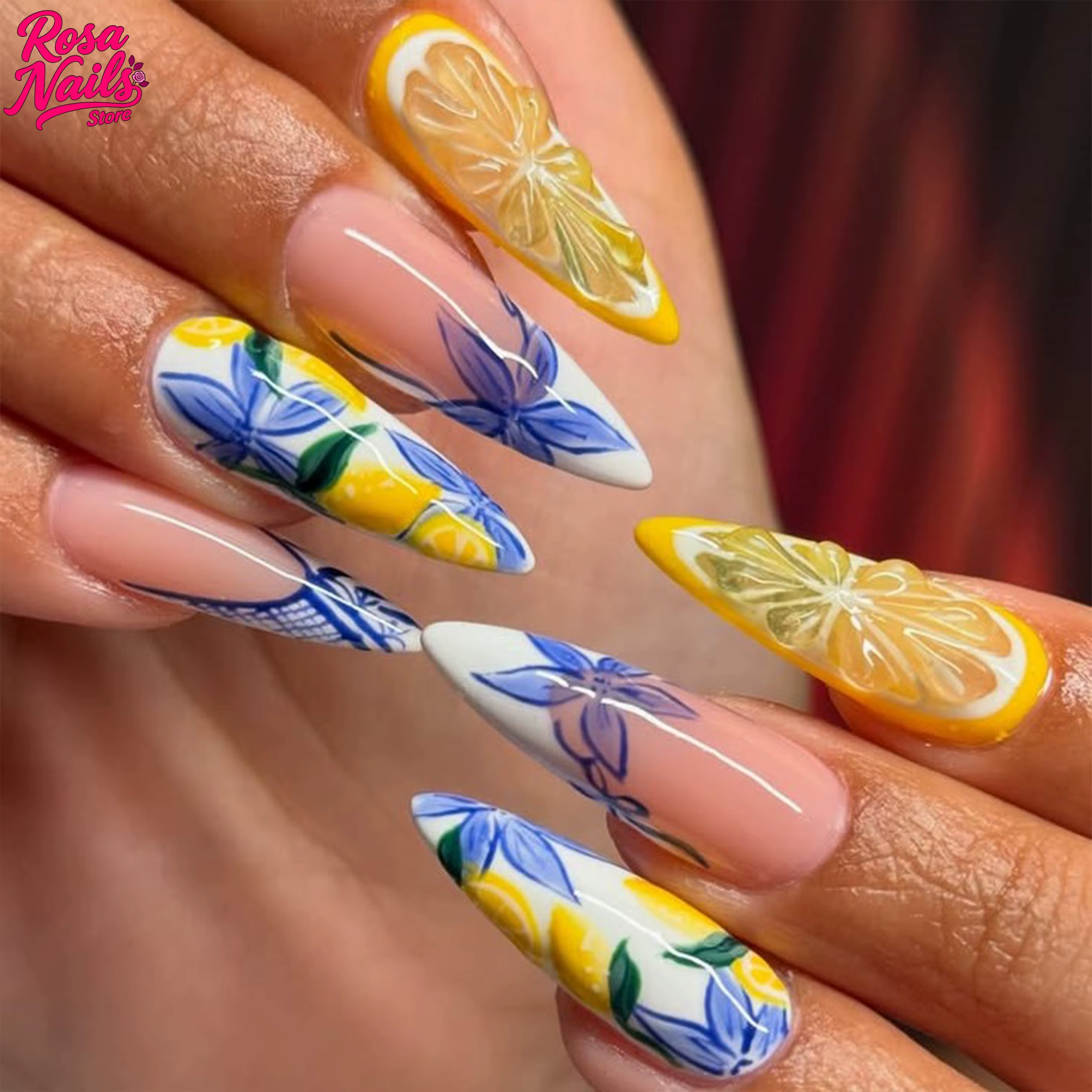 Ongles amande bleu jaune