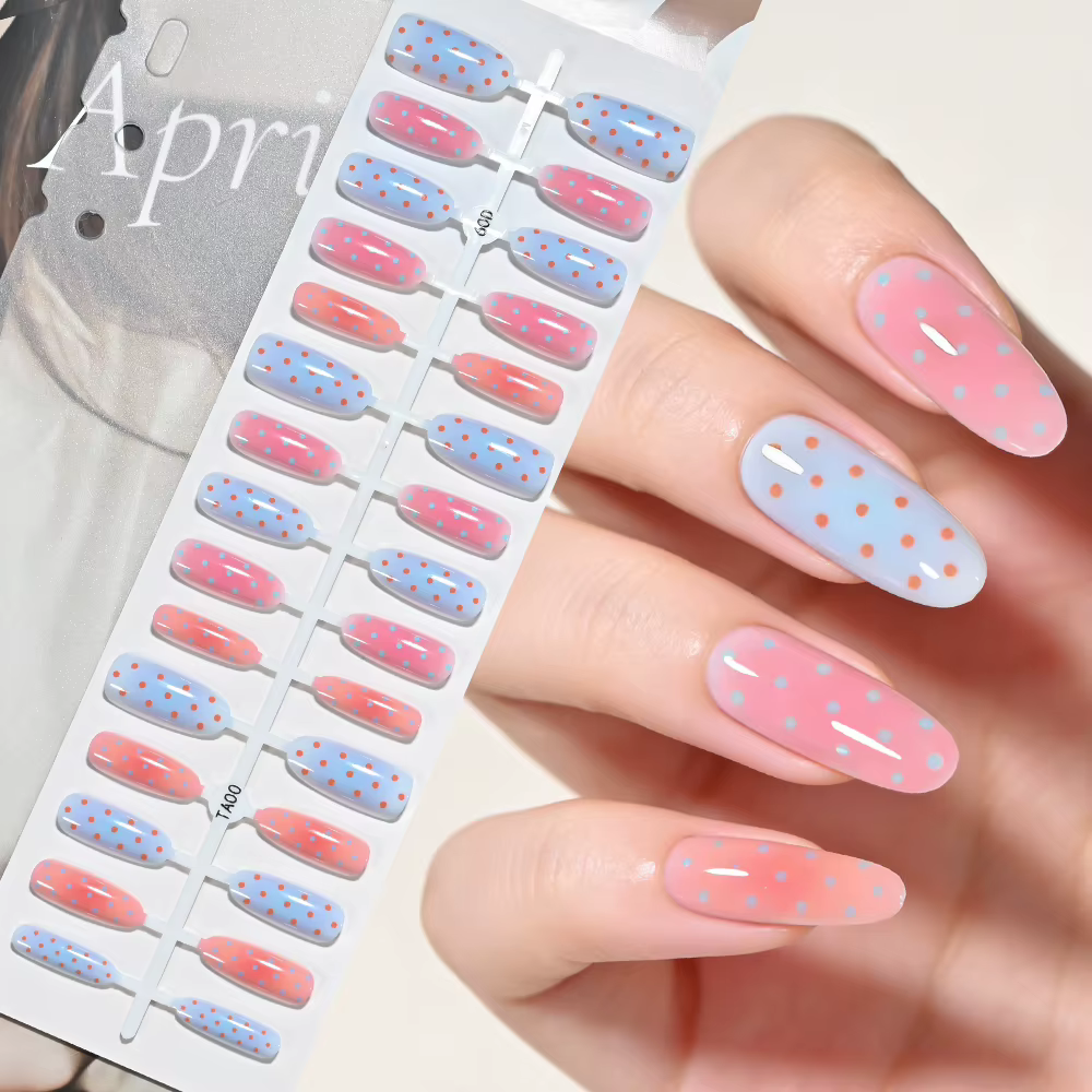 120/150 pièces Faux ongles français ovales moyens dégradés rose bleu