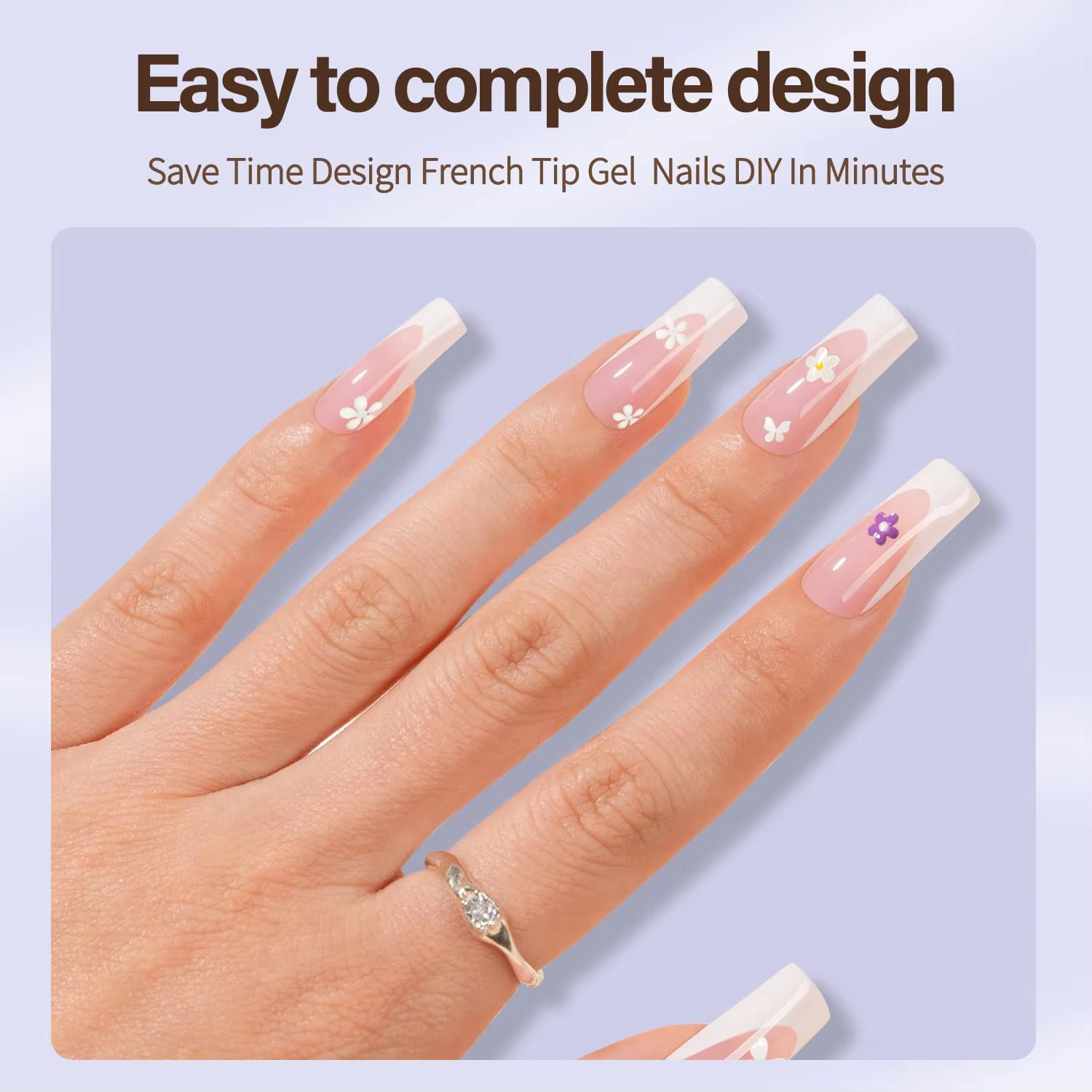 120 faux ongles carrés français en acrylique rose clair et blanc