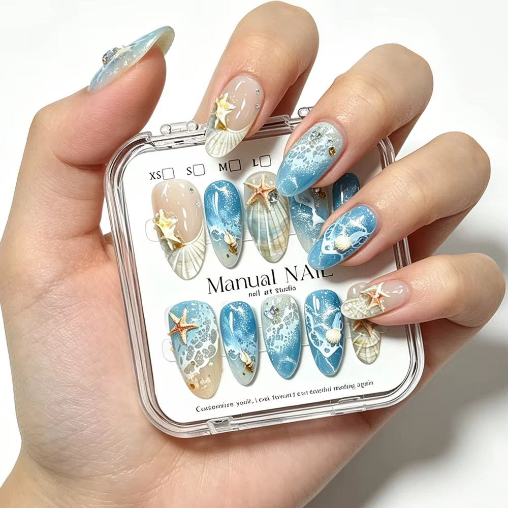 10 faux ongles à presser Ondes Océaniques