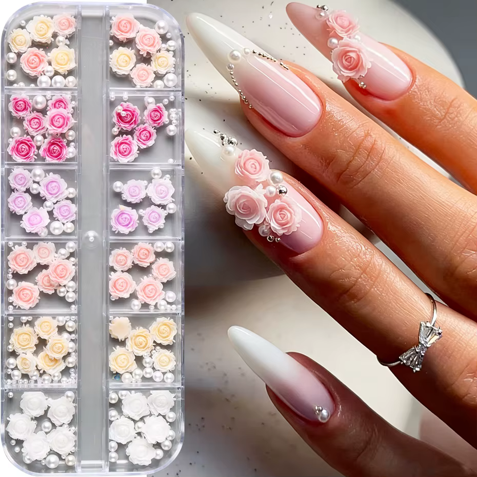 12 Grilles de Breloques pour Ongles en Résine Colorées en Forme de Rose