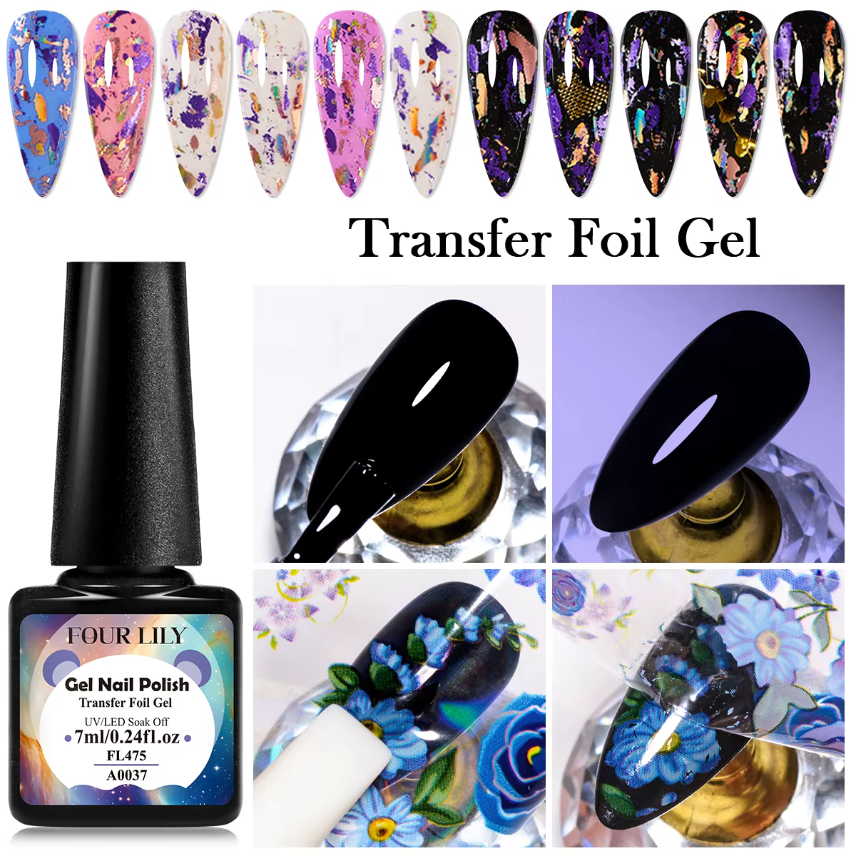 FOUR LILY 7ml Gel de vernis à ongles semi-permanent à transfert par feuille pour autocollants d'ongles