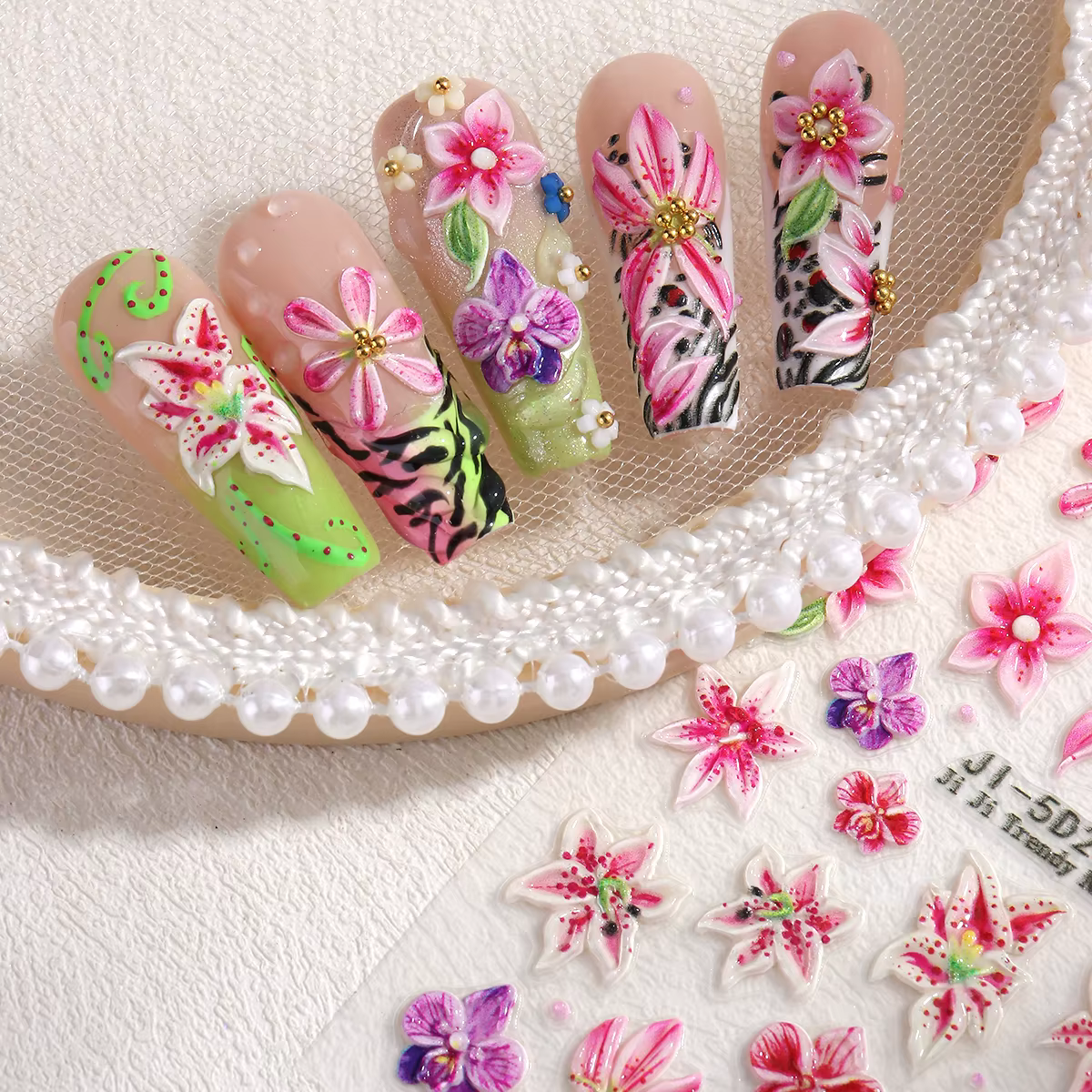 Autocollants pour ongles 5D printemps-été à motifs floraux roses et léopard