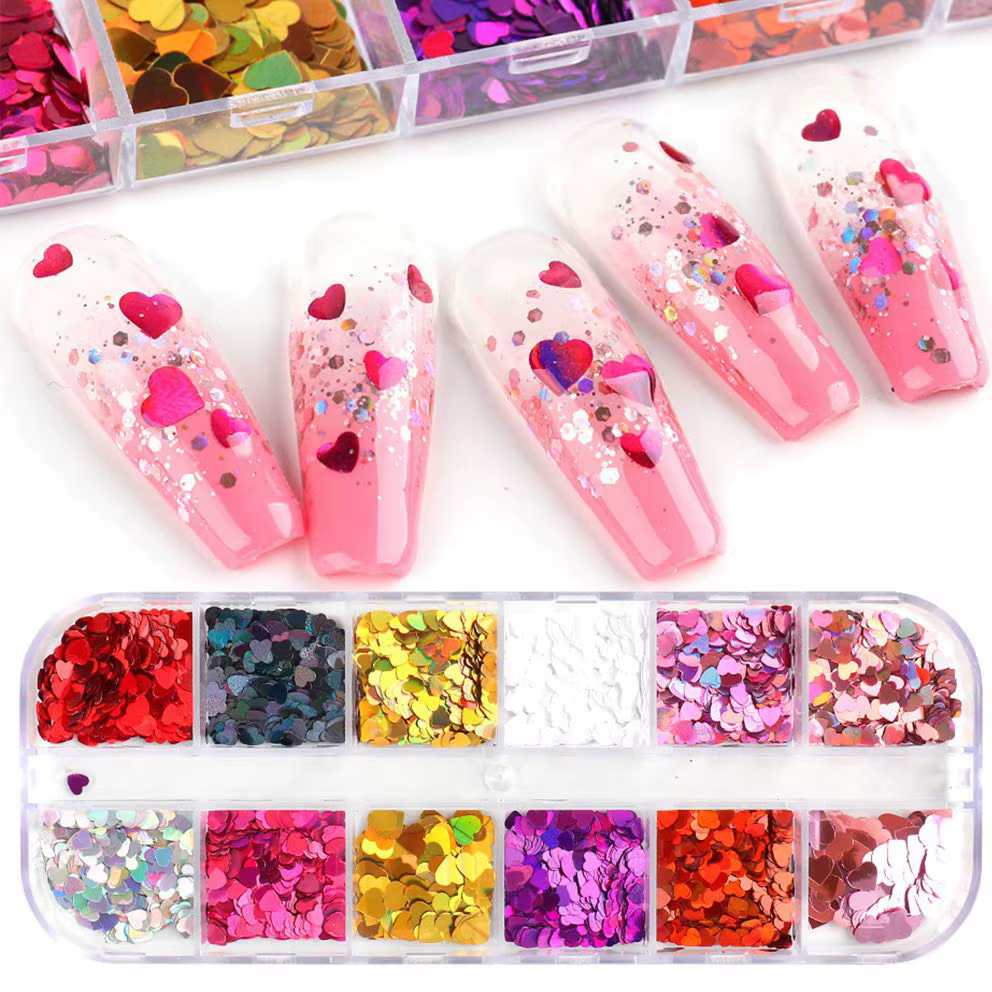 12 grilles de paillettes 3D colorées en forme de cœur pour nail art