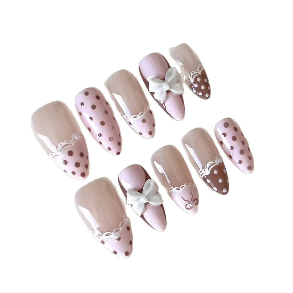 24 faux ongles mignons en dentelle à nœud