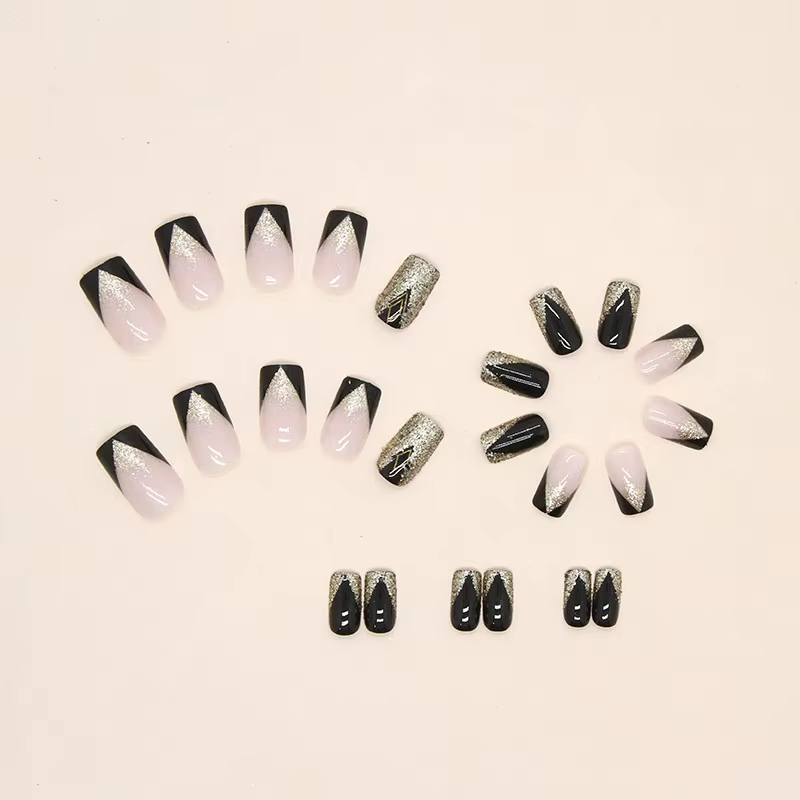24 pièces couverture carrée presse sur ongles Halloween français doré brillant faux