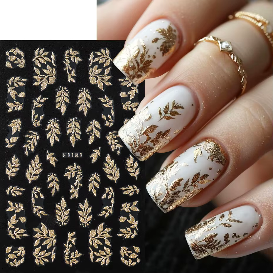 Autocollants pour ongles en forme de feuilles dorées scintillantes