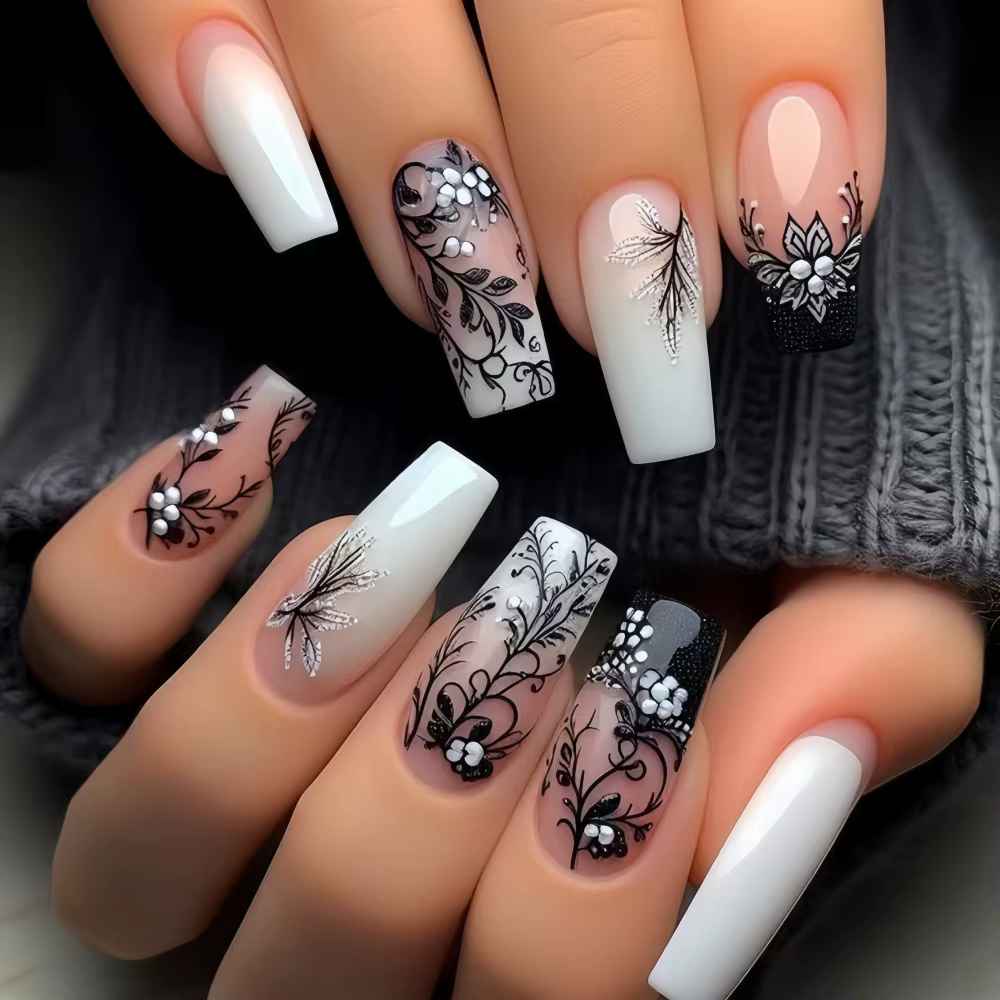 Fleur violette presse sur ongles 24 pièces amande/café portable faux