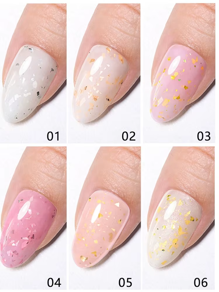 Gel de base en caoutchouc pailleté effet feuille d'or