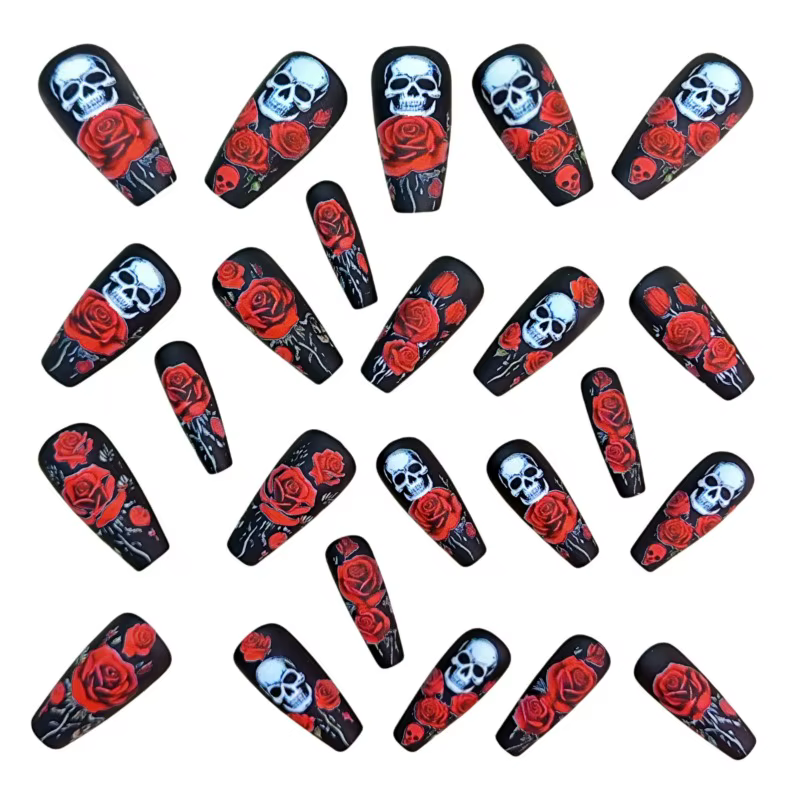 24 Halloween Nail Art Ongles de ballet mi-longs Press Ons avec design Rose rouge Skullpcs Faux