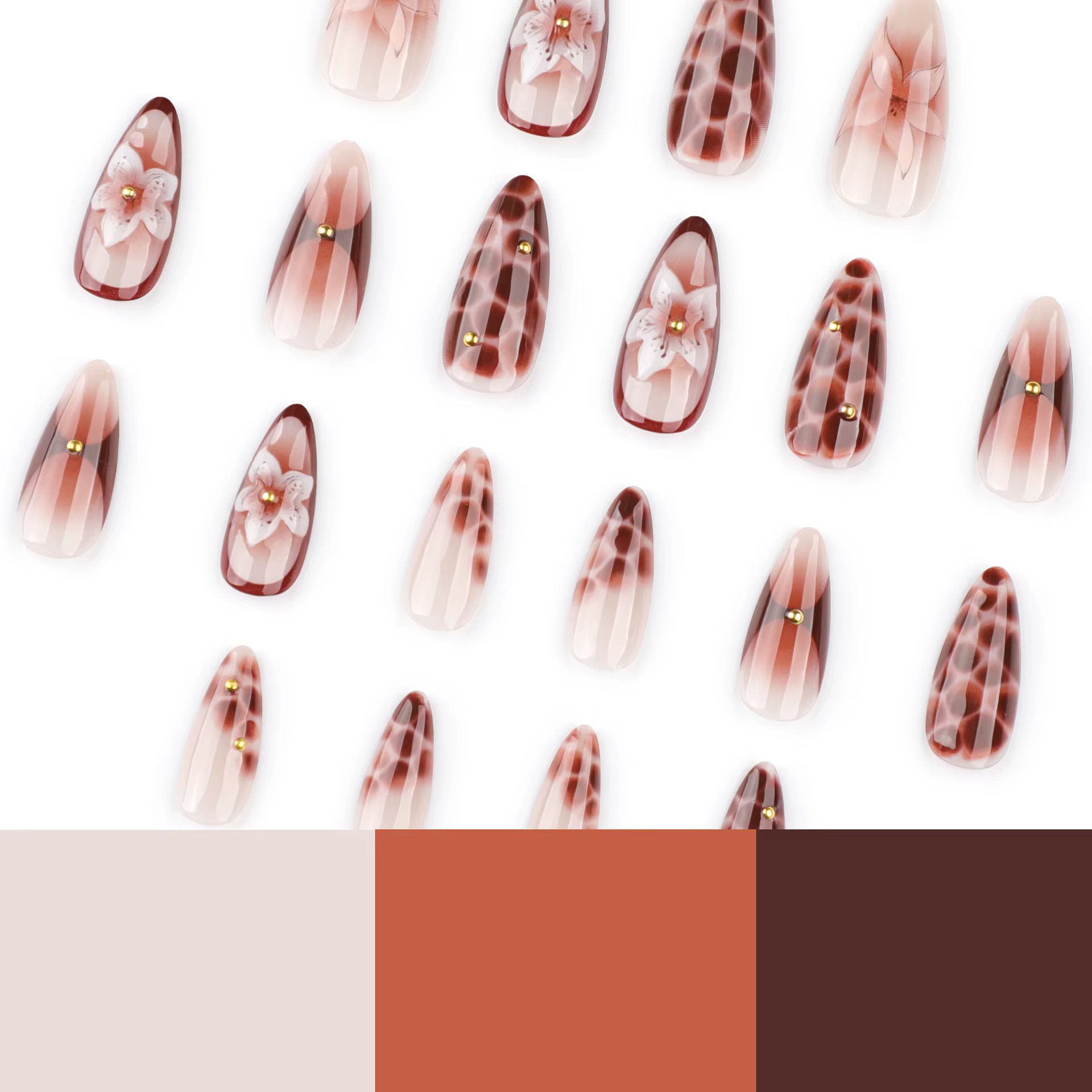 24 pièces rétro amande presse sur ongles marron marbre fissures fleur de glace imprimé faux