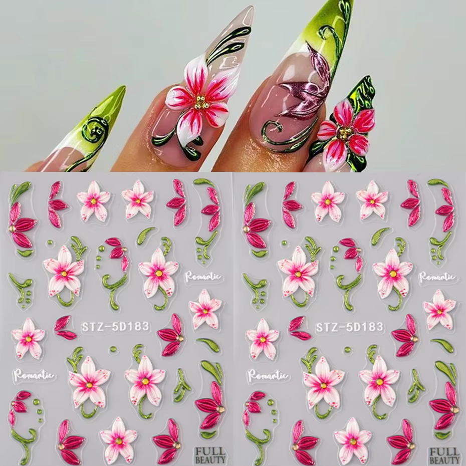 Autocollants pour ongles motif fleur de lys rose - Motifs fleurs roses et feuilles vertes