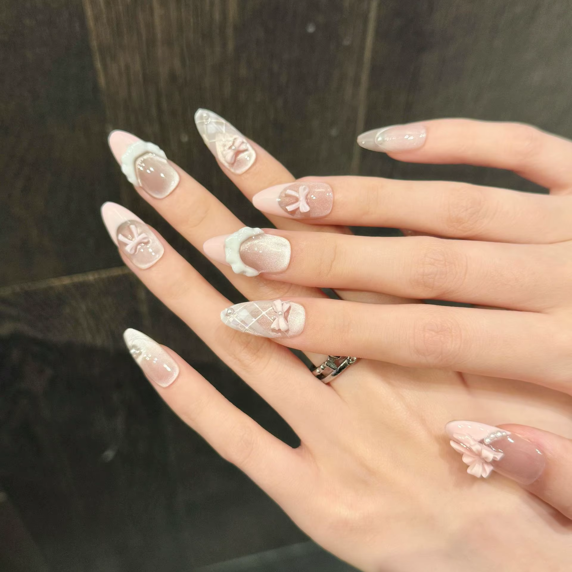 10 pièces doux Ballet portable faux ongles à la main rose Style français 3D nœuds papillon presse