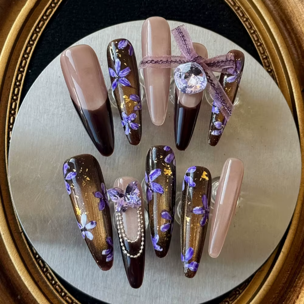 10 pièces haut de gamme fait à la main longue cercueil Ellipse portable couverture complète ongles fleur nœud papillon