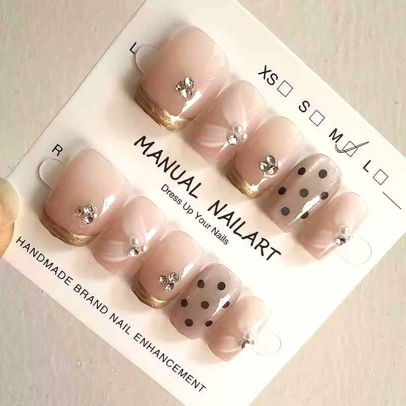 10 pièces à pois avec diamants fait à la main utilisable presse sur les ongles couverture complète oeil de chat