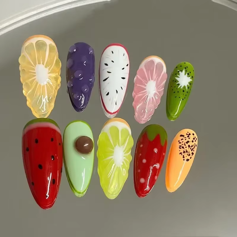 10 pièces à la main fruits d'été faux ongles avec outils 3d citron dessin animé fraise réaliste