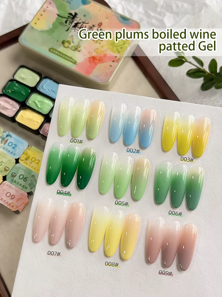 Gel semi-solide pour ongles 9 couleurs, motif prune verte et vin bouilli, effet estompé, haute saturation, populaire, en pot, pour salon de manucure