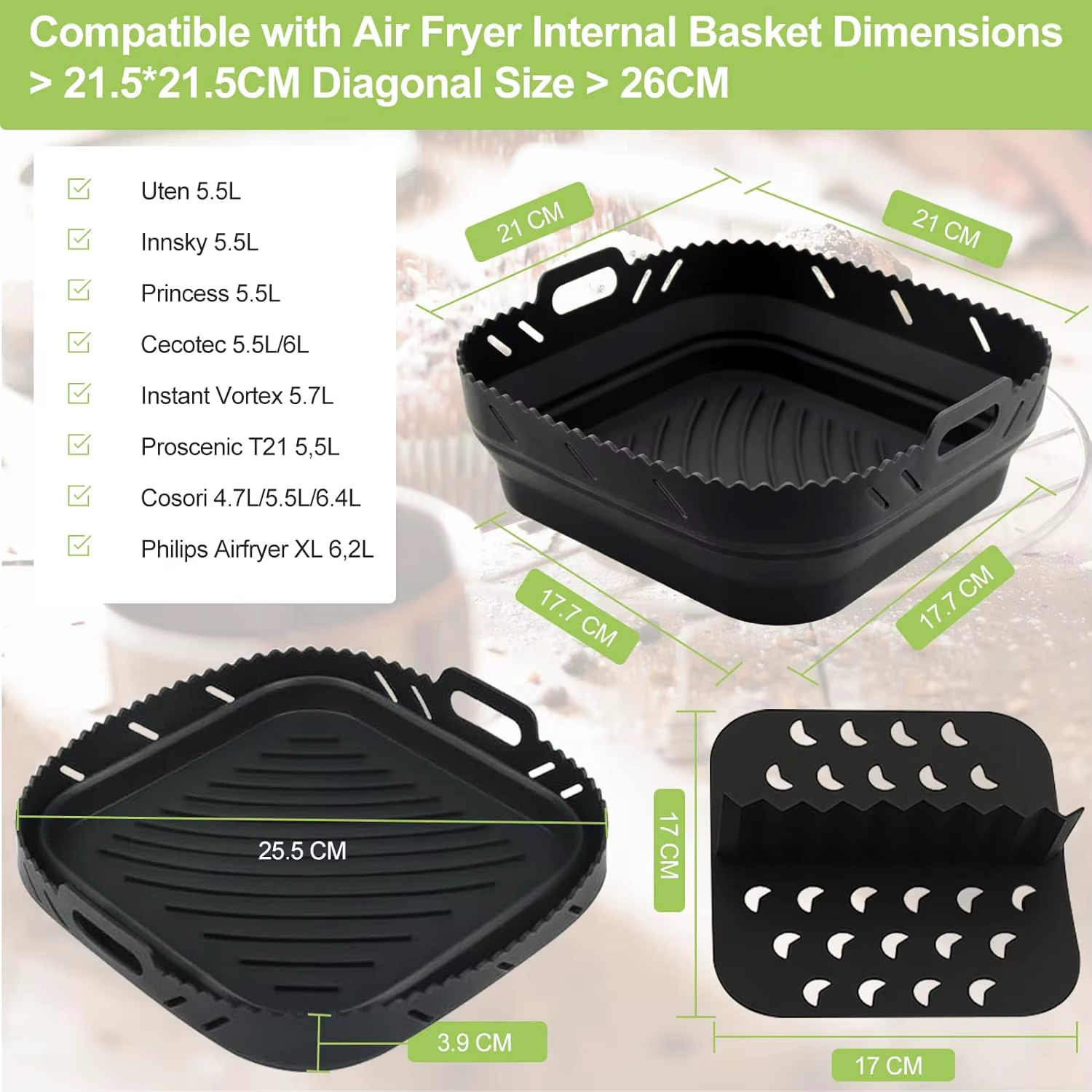 Ensemble d'accessoires pour friteuse à air, moules en silicone carrés de 22 cm pour friteuses à air Phi XL 6.2L, COSORI 5.5L, 4.7L, Cecotec 5.5L, 6L
