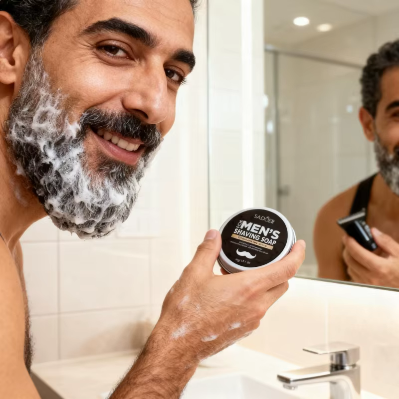 Savon à raser pour homme, contenant de l'extrait de menthe et de l'huile de fruit d'olive. La mousse est épaisse et fine, ce qui facilite l'adoucissement de la base de la barbe, réduisant la résistanc