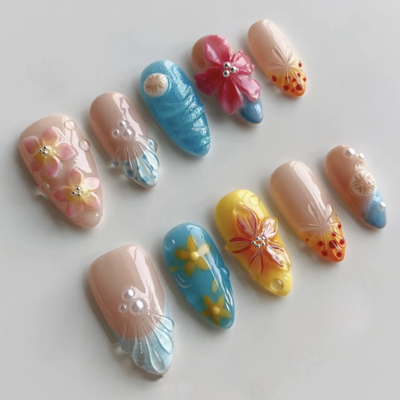 24 pièces bleu océan dégradé faux ongles peint à la main Seastar coloré brillant amande presse