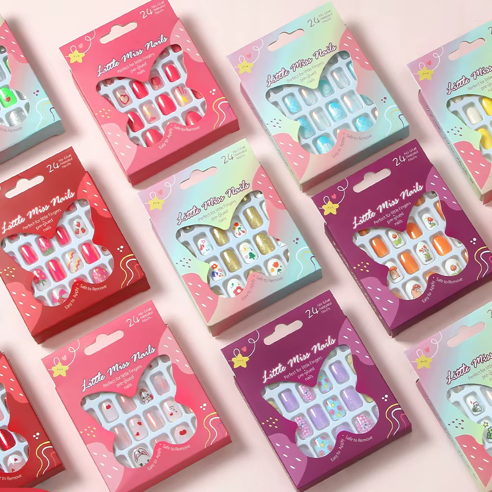 24 pièces enfants mignon faux ongles filles dessin animé presse