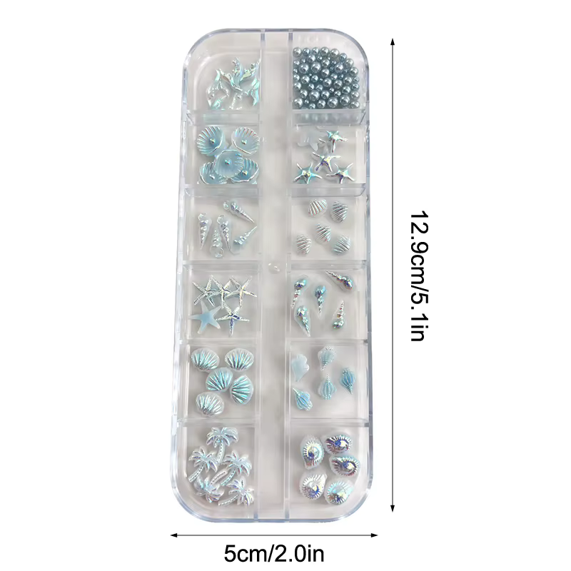 Boîte de 12 compartiments – Breloques 3D pour ongles bleues et blanches