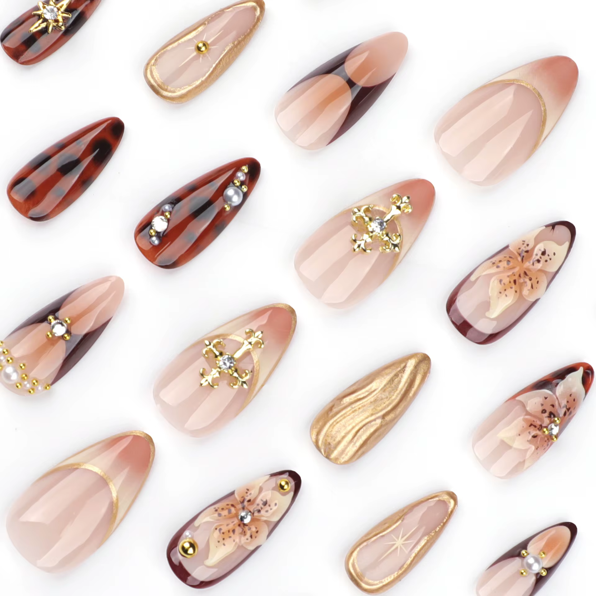 Faux ongles de luxe Maillard en amande à presser avec motif floral 3D et coquille, brillants et réutilisables, pour mariée