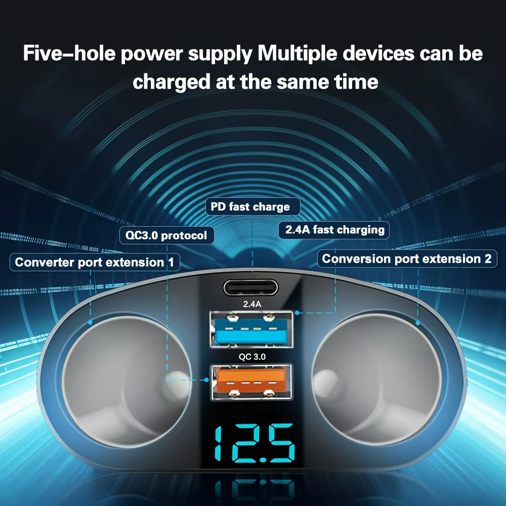 Adaptateur de chargeur de voiture à 3 Ports, plusieurs appareils chargés en même temps, avec affichage numérique de Type C, pour iPhone Samsung Xiaomi