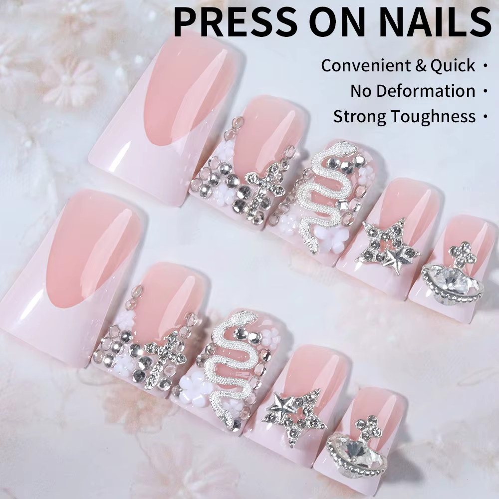 24 pièces Long canard noir pointe française presse sur ongles croix en alliage 3D