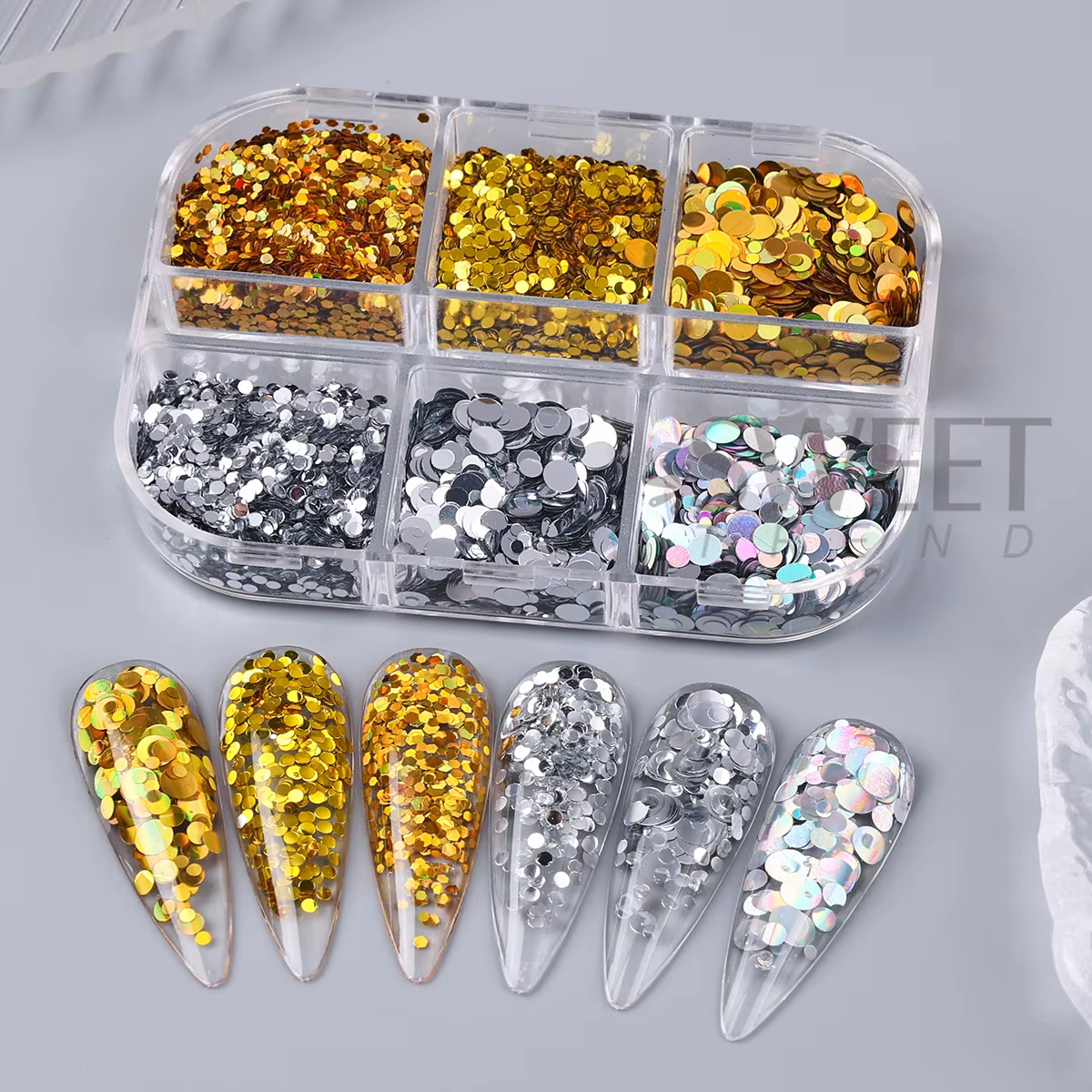 6 grilles or argent rond cercle ongles paillettes Laser miroir brillant à pois