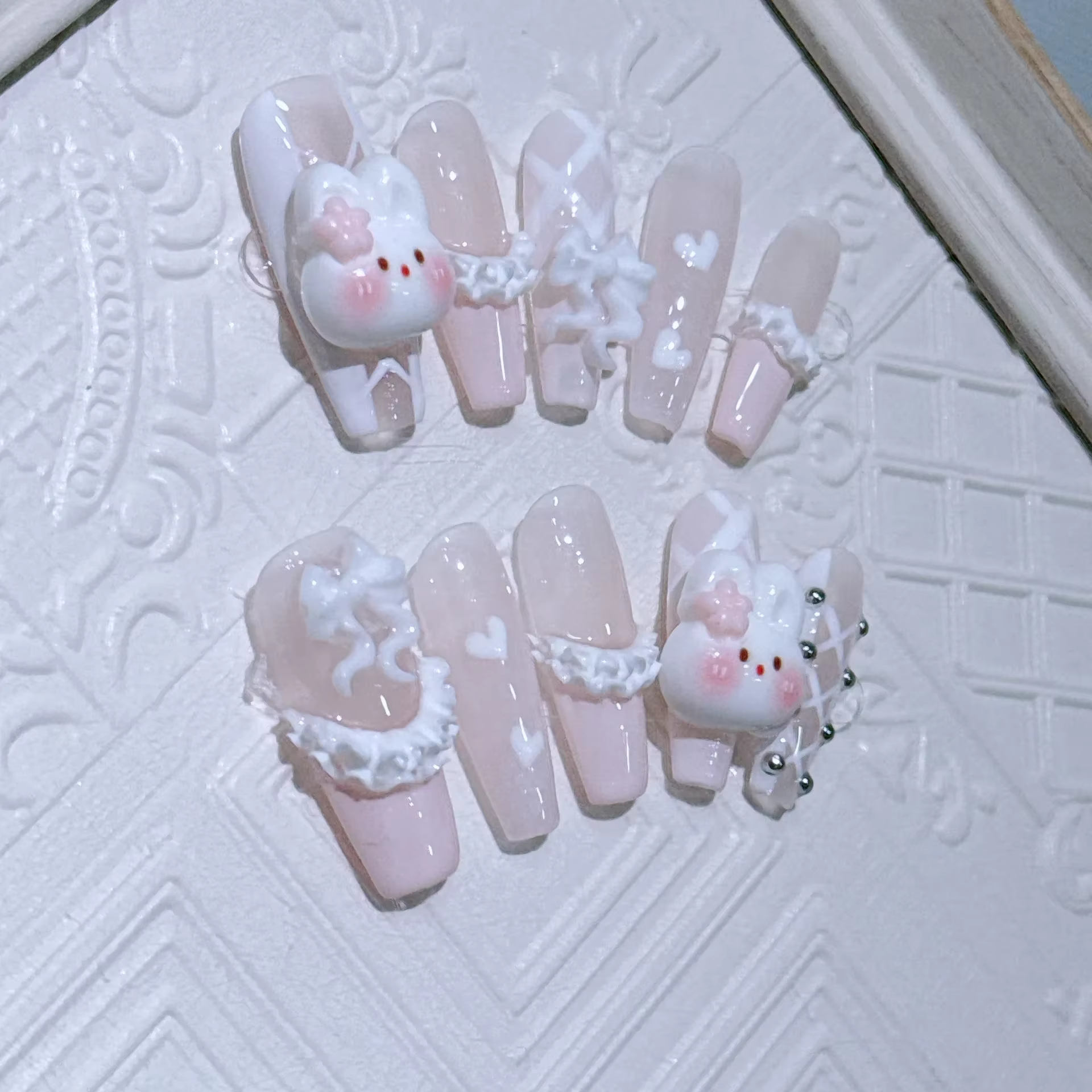 Faux ongles longs et amovibles faits à la main réutilisables simples doux français rose girly jupe en forme de cœur lapin mignon