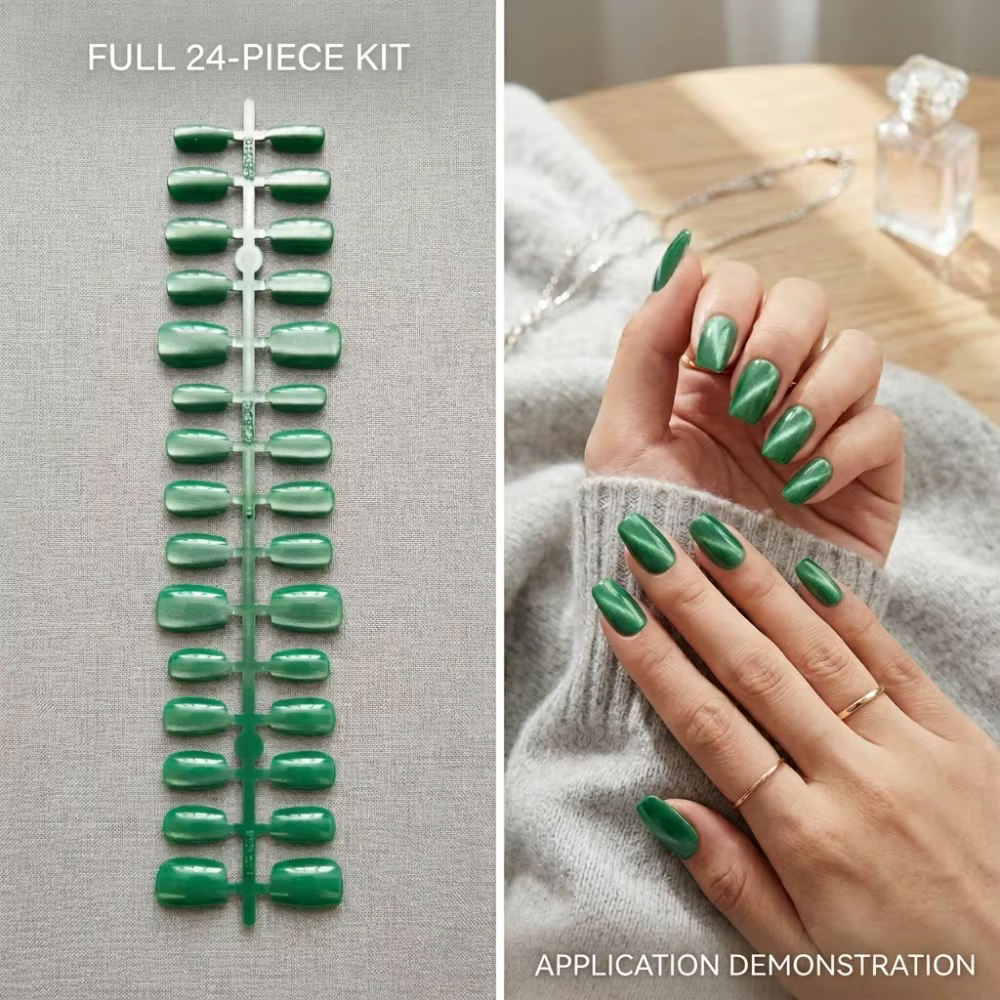 24 faux ongles premium vert émeraude effet œil de chat