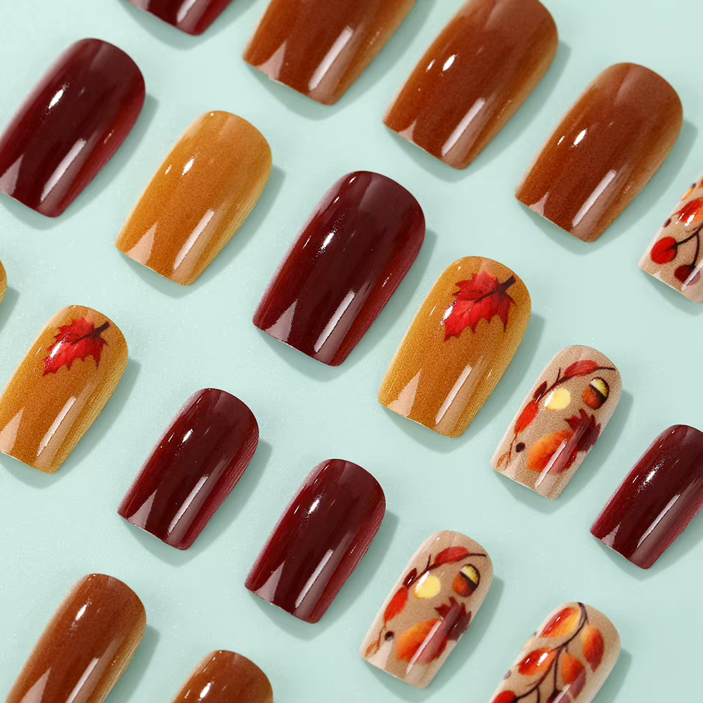 24 pièces automne Nail Art conseils feuilles d'érable décoré faux presse sur ongles esthétique