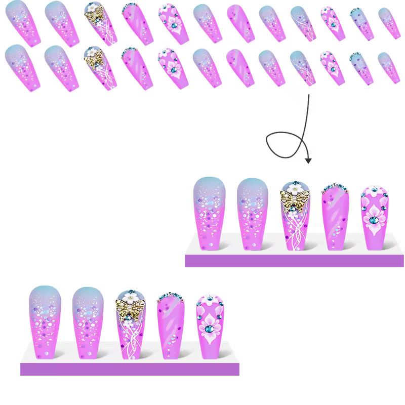 Faux biscuits arc-en-ciel avec camélia presse longue sur N64 Coffin Glitter French Tip N64 Rainbow Ombre N64