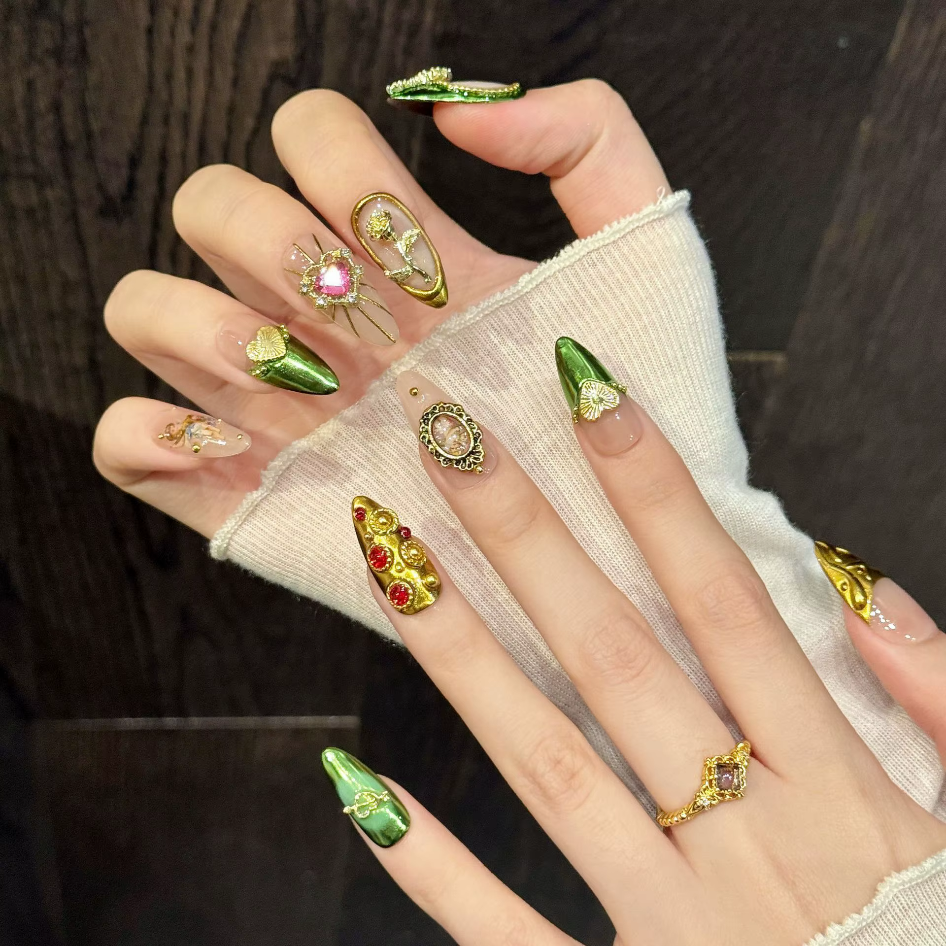 10 pièces rétro Court Style fait à la main faux ongles amour coeur miroir Rose décor presse